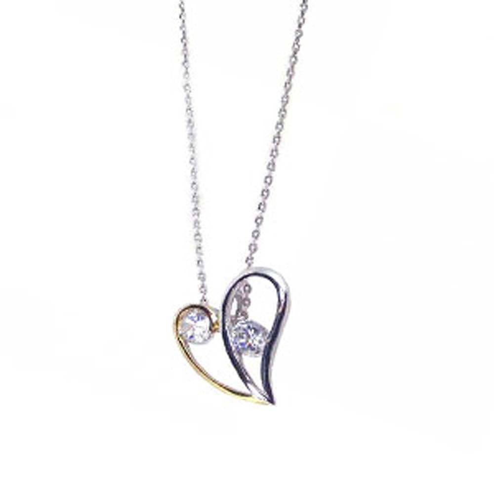 Sterling Silver Necklace with Two-Toned Heart Inlaid with Two Round Cut Clear Czs Pendant