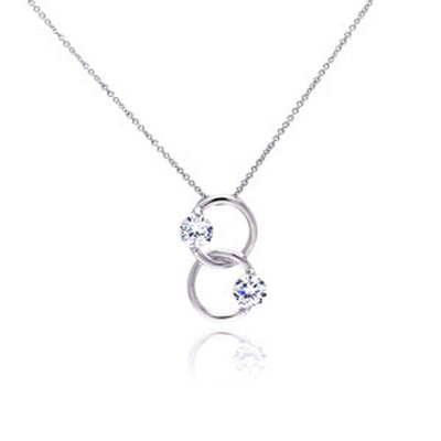 Sterling Silver Necklace with Fancy Double Ring Inlaid with Round Cut Clear Czs Pendant