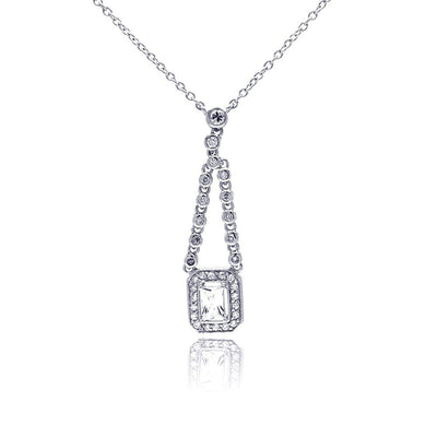 Sterling Silver Necklace with Elegant Round Clear Cz on Bezel Set Holding Radiant Cut Clear Cz Pendant