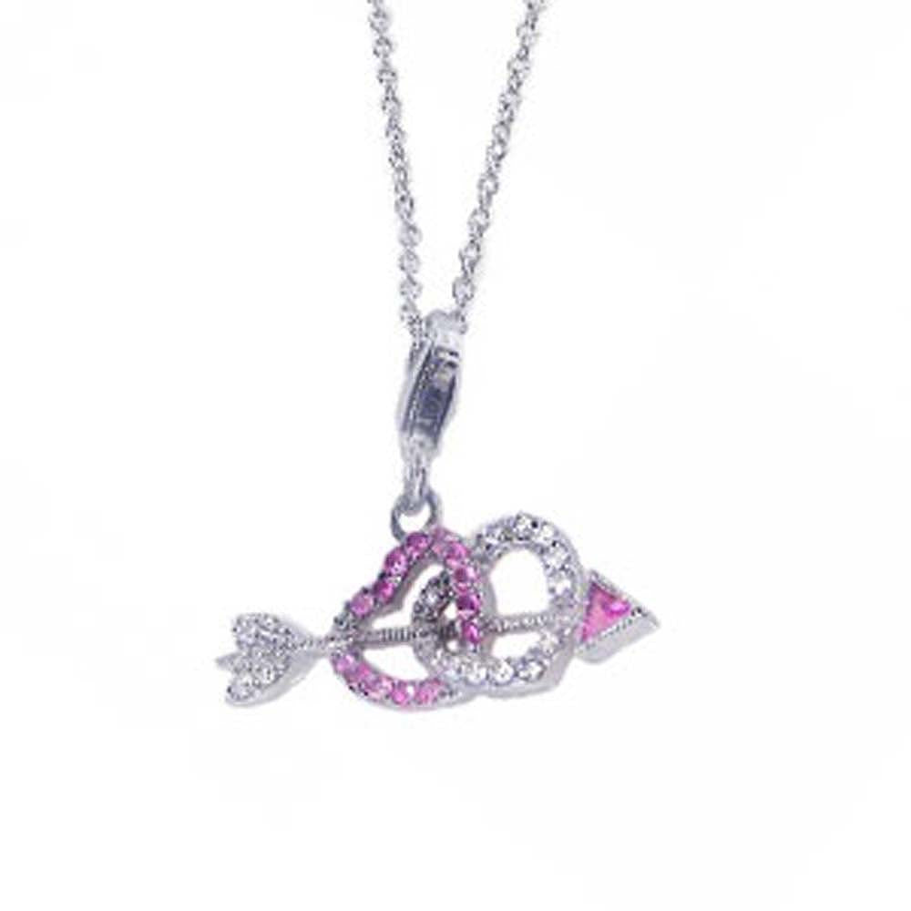 Sterling Silver Necklace with Trendy Two Hearts and Arrow Inlaid with Clear and Pink Czs Pendant