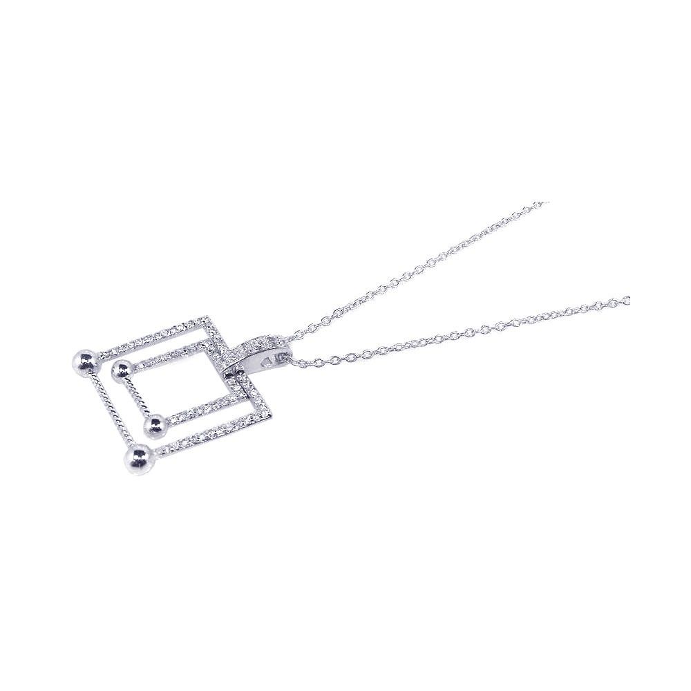 Sterling Silver Necklace with Fancy Double Open Square Inlaid with Clear Czs Pendant