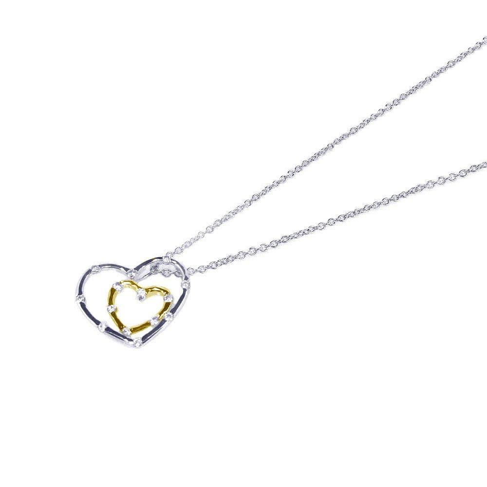 Sterling Silver Necklace with Fancy Two Hearts Inlaid with Clear Czs Pendant