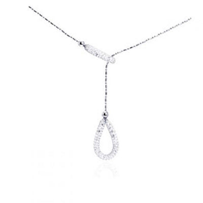 Sterling Silver Adjustable Lariat Necklace with Paved Clear Czs Teardrop Pendant