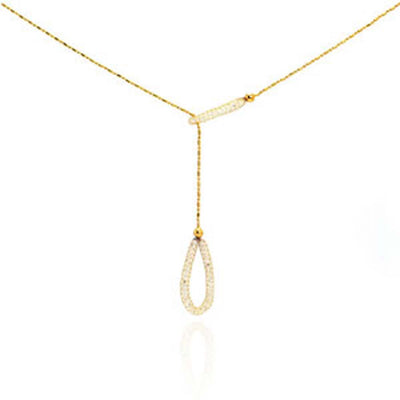 Sterling Silver Gold Plated Adjustable Lariat Necklace with Paved Clear Czs Teardrop Pendant