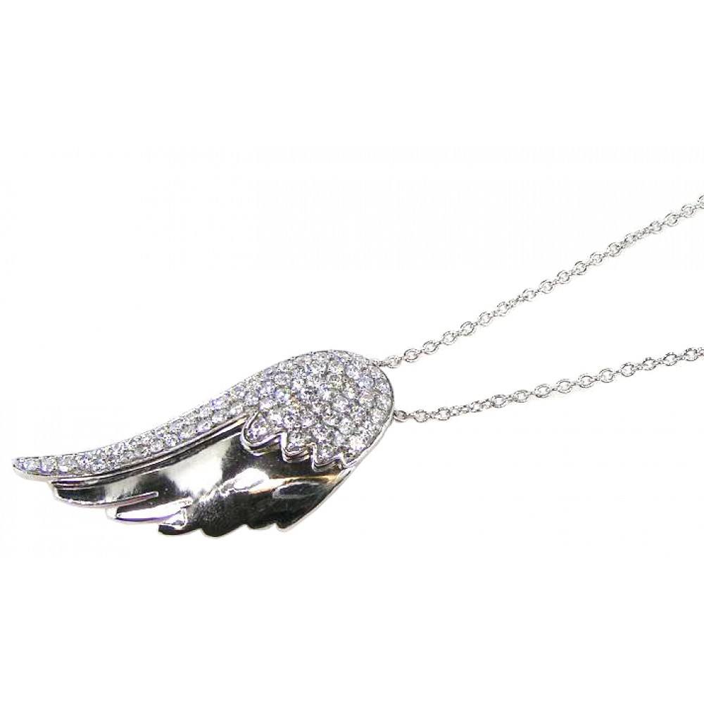 Sterling Silver Necklace with Fancy Wing Inlaid with Clear Czs PendantAnd Chain Length of 16 -18  AdjustableAnd Pendant Dimensions: 37.4MMx16.8MM