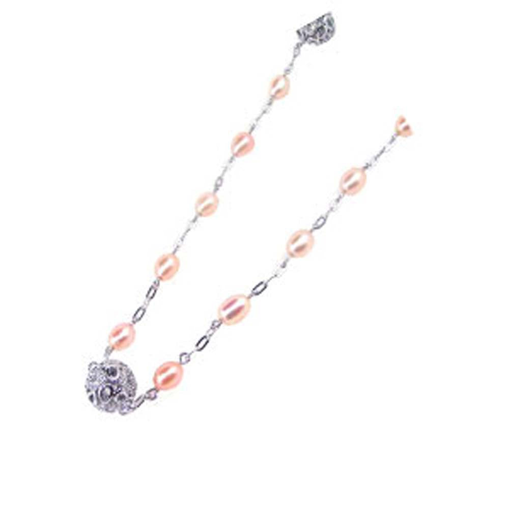 Sterling Silver Champagne Pearl Link Chain Necklace with Paved Cz Filigree Ball Pendant