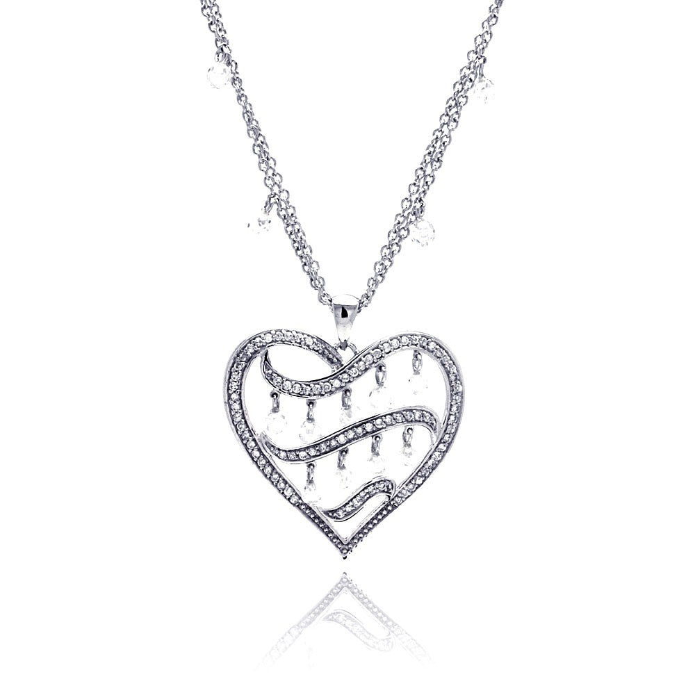 Sterling Silver Fashion Necklace with Paved Heart and Dangling Multi Round Cut Czs Pendant