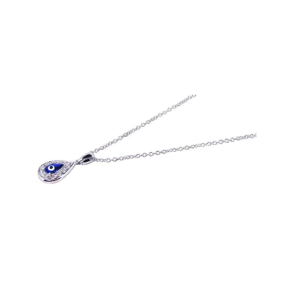Sterling Silver Necklace with Classy Paved Teardrop Shaped Evil Eye Pendant