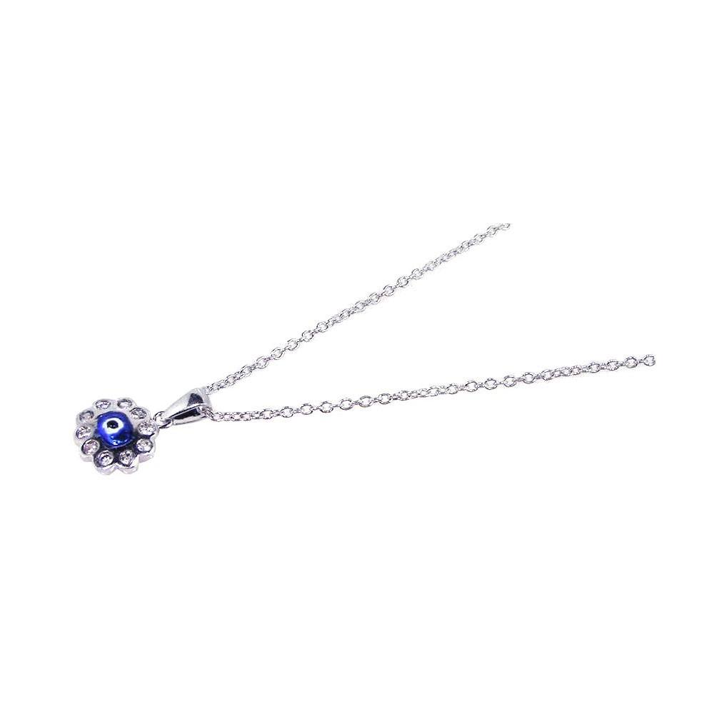 Sterling Silver Rhodium Plated Clear CZ Evil Eye - Blue Cluster Pendant Necklace