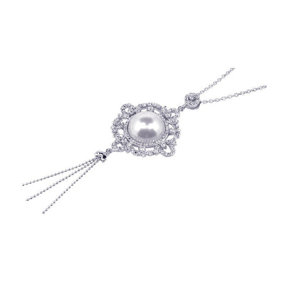 Sterling Silver Necklace with Paved Czs Cluster Pendant Centered with White Pearl and Hanging Three Strands Chain