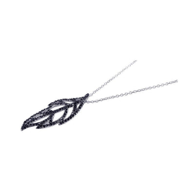 Sterling Silver Necklace with Fancy Paved Black Czs Leaf Pendant