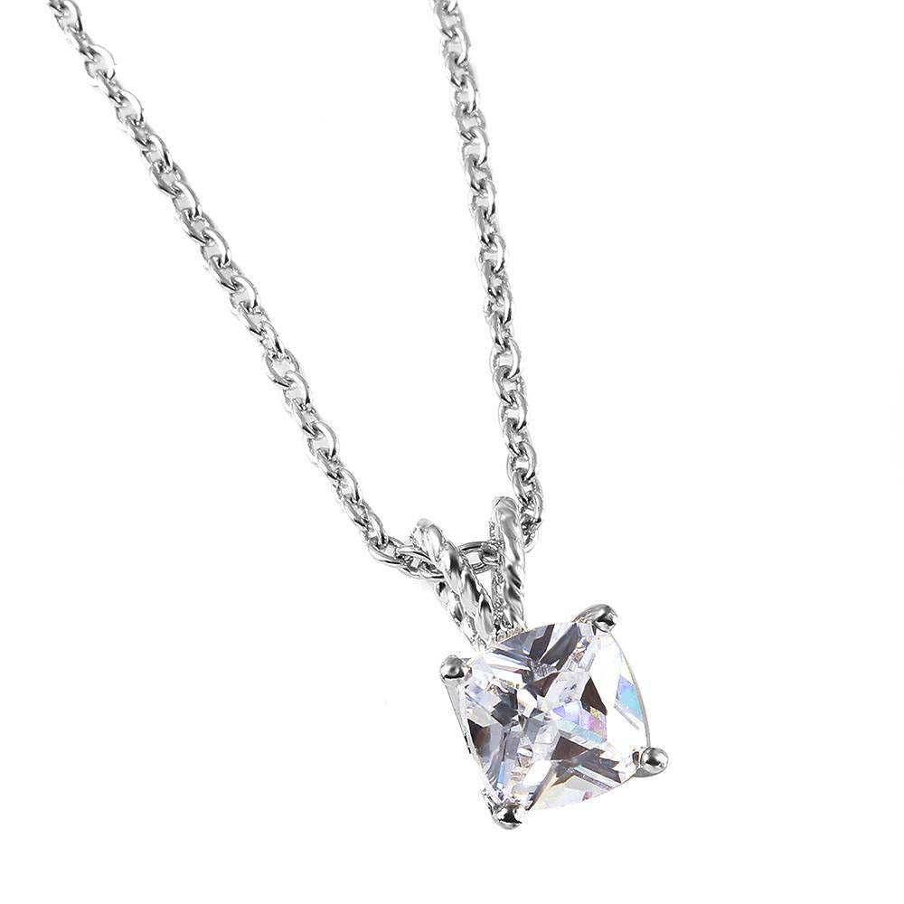 Sterling Silver Rhodium Plated Necklace with Cushion Cut Clear Cz Stone PendantAnd Spring Clasp ClosureAnd Length of 17