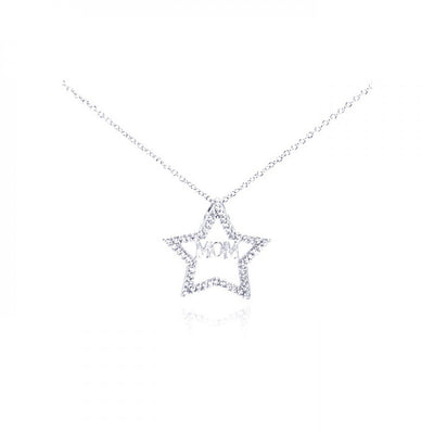 Sterling Silver Necklace with Stylish Paved  MOM  Star Pendant