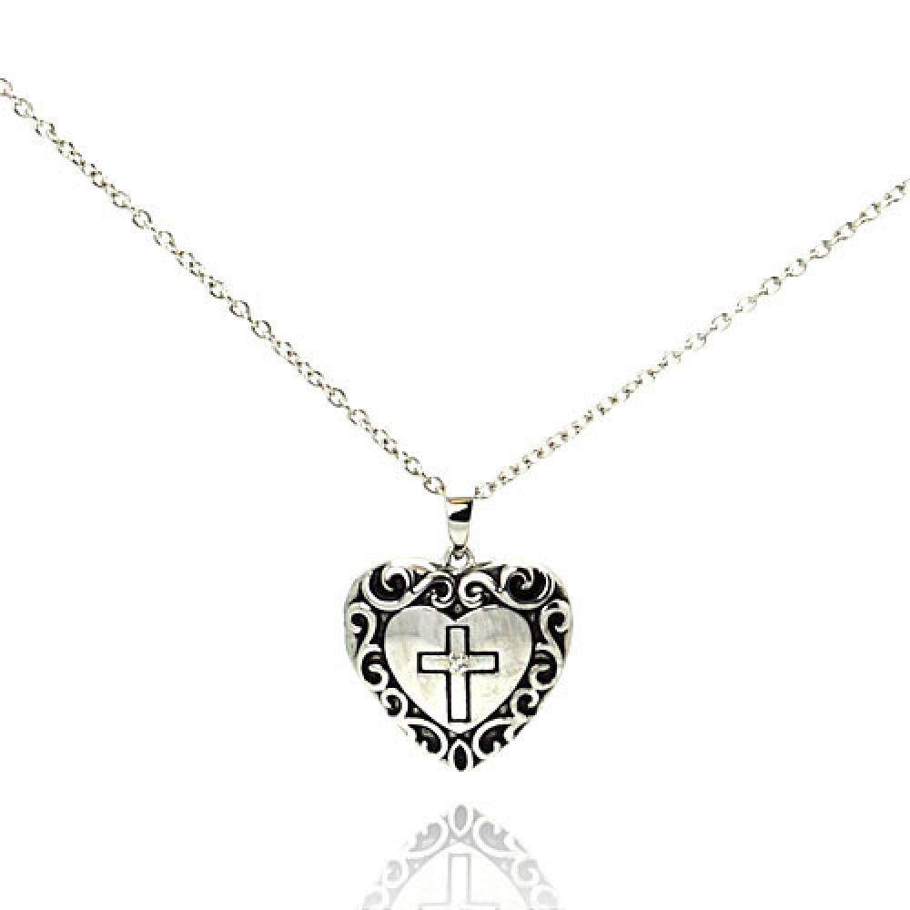 Sterling Silver Necklace with Antique Style Heart Cross Pendant
