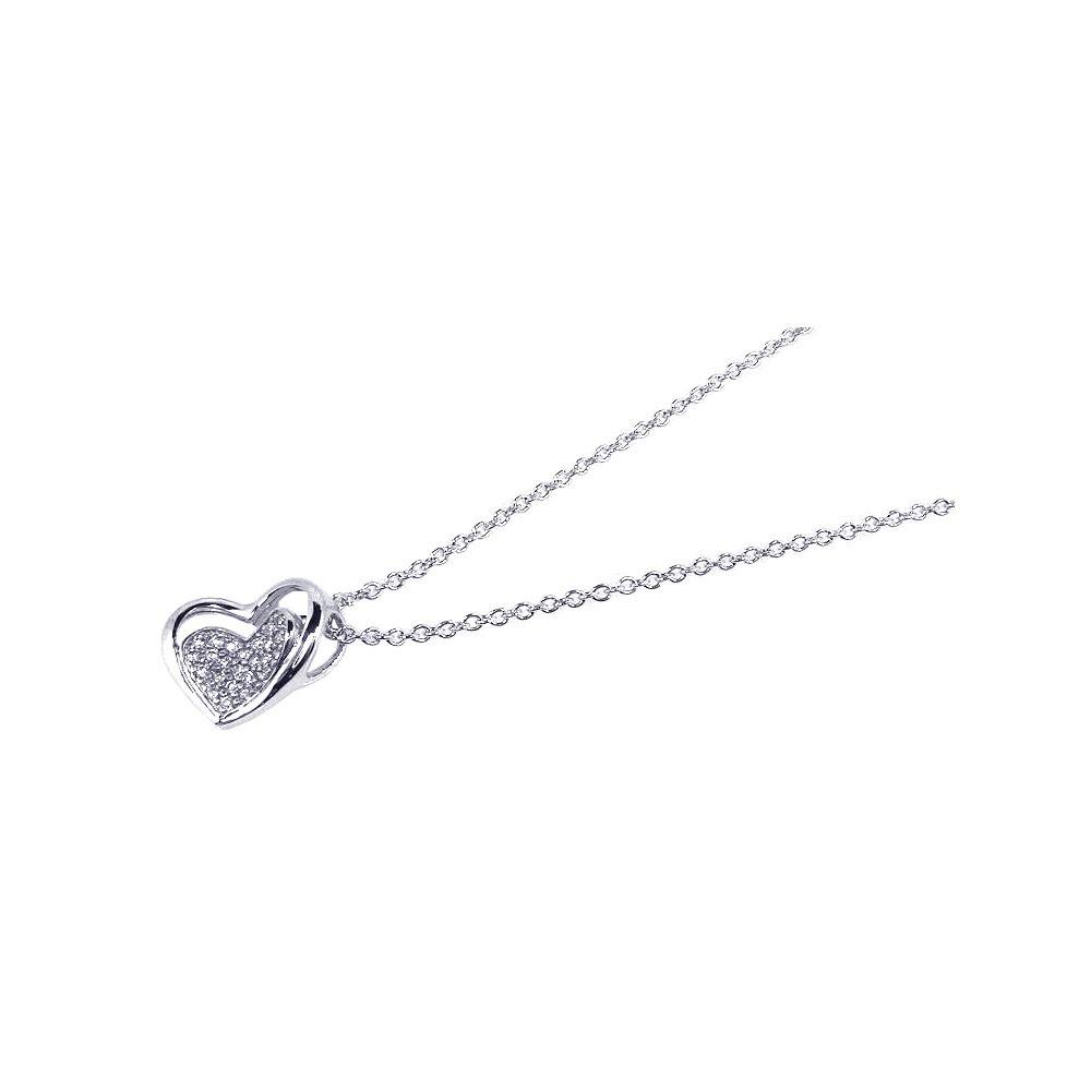 Sterling Silver Necklace with Classy Two Hearts Inlaid with Clear Czs Pendant