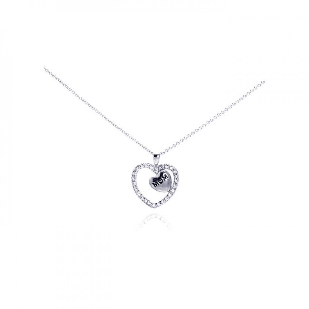 Sterling Silver Necklace with Paved Heart and Small Heart Mom Pendant