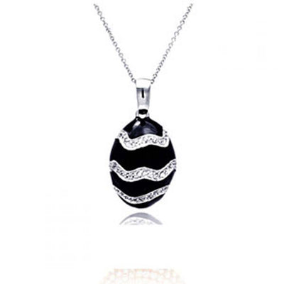 Sterling Silver Necklace with Fancy Oval Black Onyx Stone Inlaid with Clear Czs Pendant