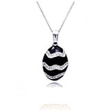 Sterling Silver Necklace with Fancy Oval Black Onyx Stone Inlaid with Clear Czs Pendant