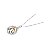 Sterling Silver Necklace with Paved Czs Circle Pendant and Gold Plated Fancy Cut-Out Pattern Design