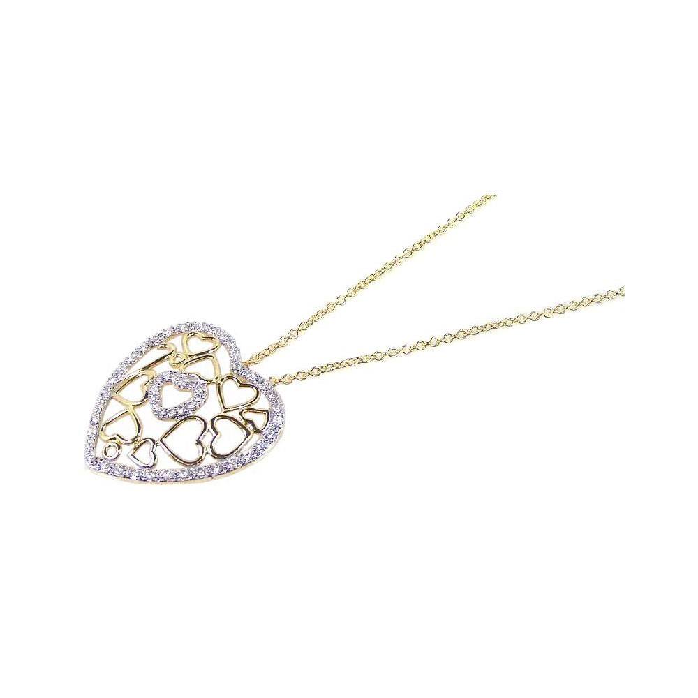 Sterling Silver Gold Plated Necklace with Fancy Multi Heart Design Inlaid with Clear Czs PEndant