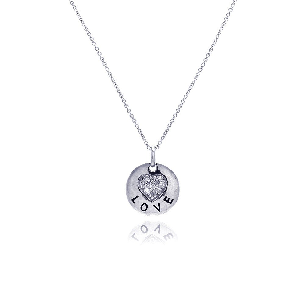 Sterling Silver Necklace with Round Plate Paved Heart and Love Design Pendant
