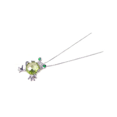 Sterling Silver Necklace with Green Cz Frog Inlaid with Clear Czs Pendant