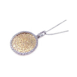 Sterling Silver Necklace with Two-Toned Round Filigree Pendant Inlaid with Clear Czs