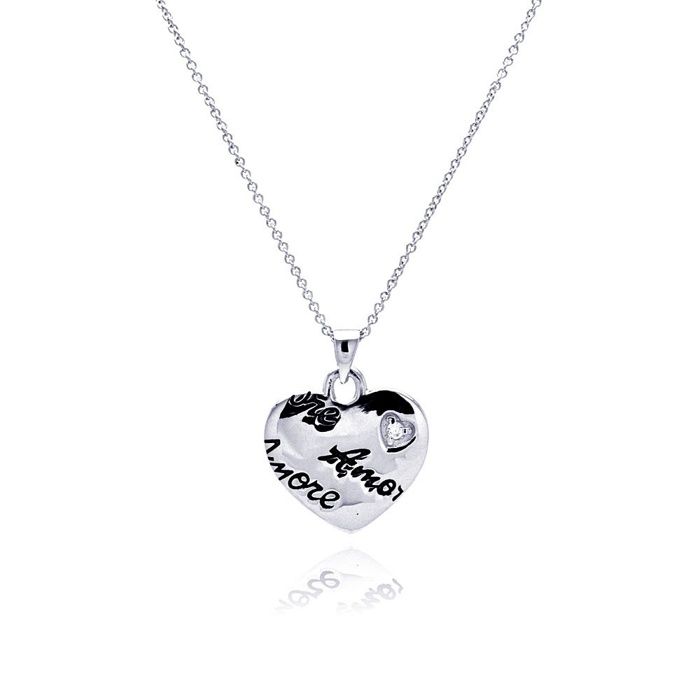 Sterling Silver Necklace with High Polished  Heart Amore Design Inlaid with Single Clear Cz Pendant