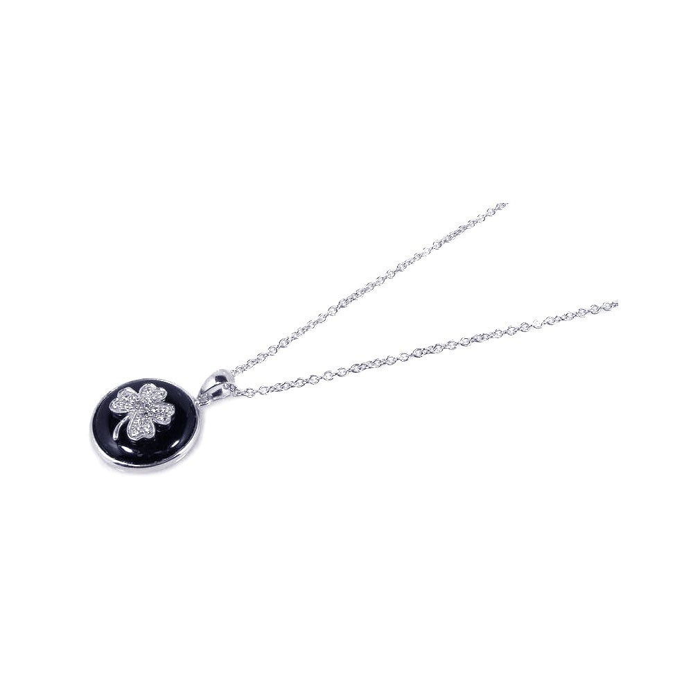 Sterling Silver Necklace with Round Black Onyx with Paved Clover Flower Design Pendant