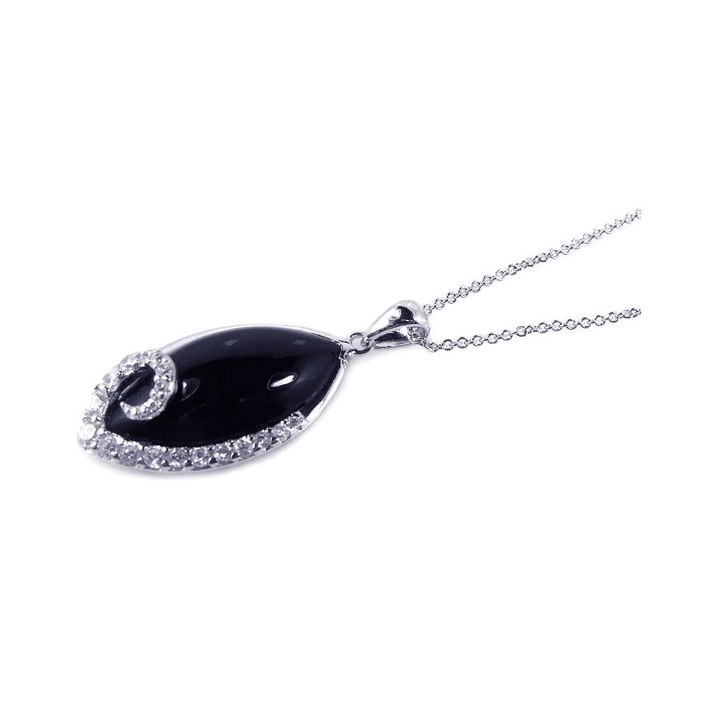 Sterling Silver Necklace with Fancy Marquise Shaped Black Onyx Inlaid with Clear Czs Pendant