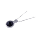 Sterling Silver Necklace with Classy Paved Czs Circle Frame Pendant with Centered Round Faceted Black Onyx Stone