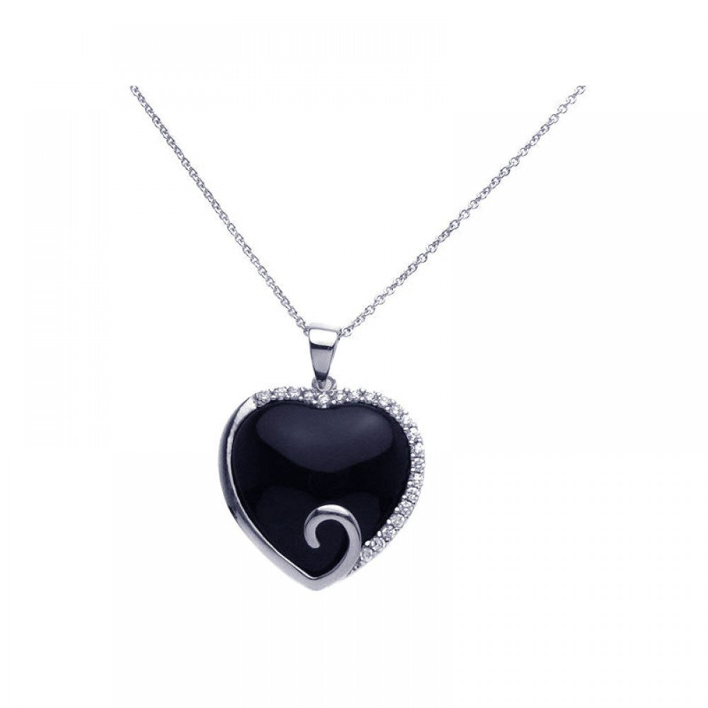 Sterling Silver Necklace with Classy Black Onyx Heart Inlaid with Clear Czs Pendant