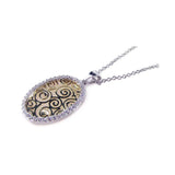 Sterling Silver Necklace with Antique Style Paved Czs Oval Pendant with Gold Plated Spiral Design