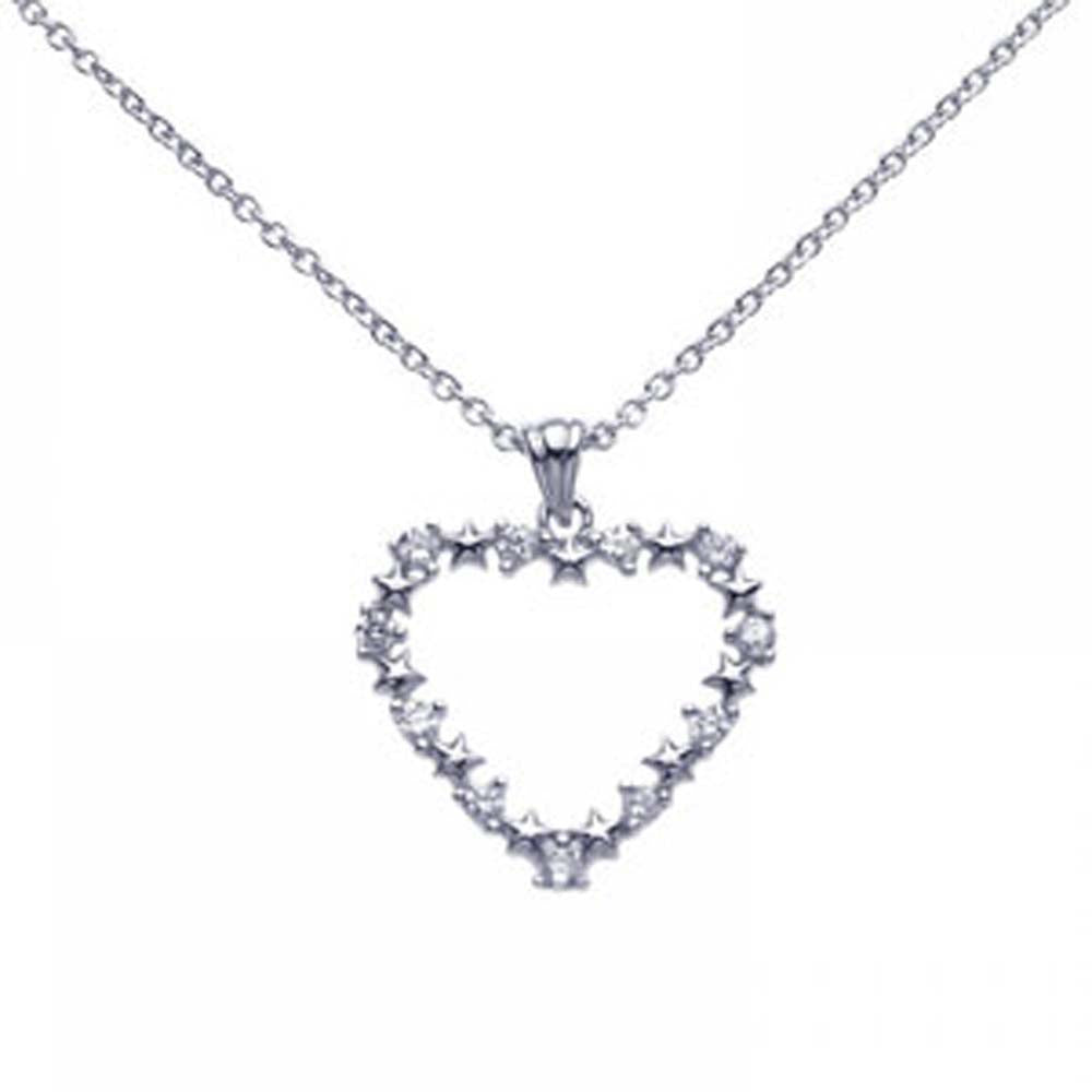 Sterling Silver Necklace with Open Heart Set with Round Czs and Stars Design Pendant