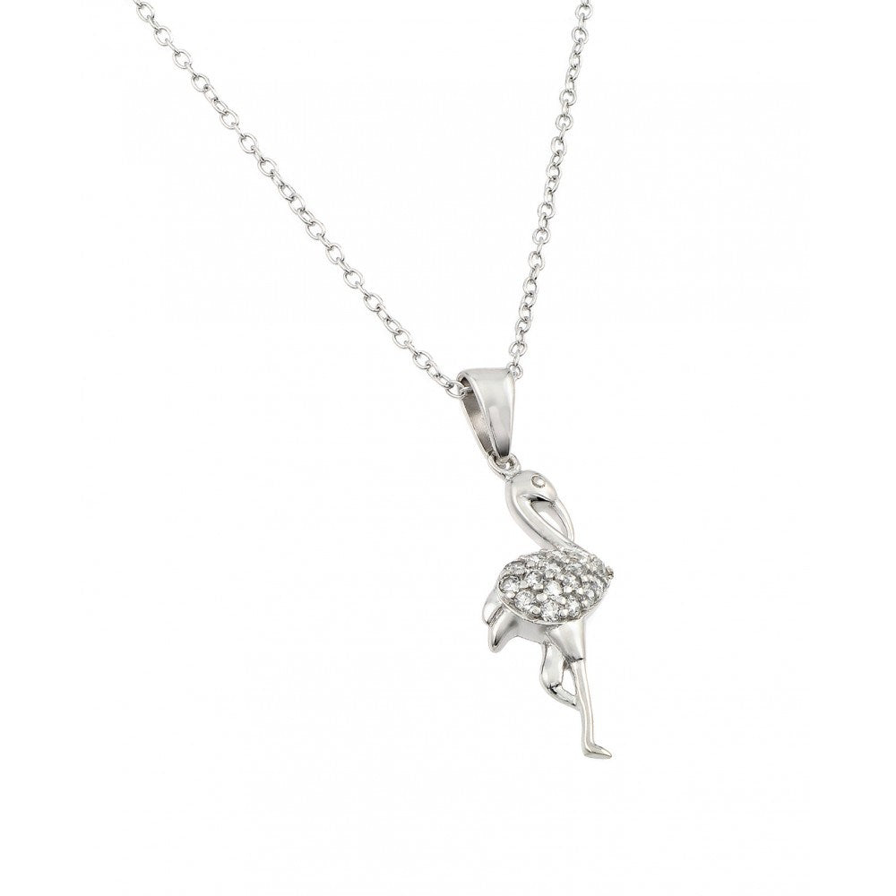 Sterling Silver Necklace with Fancy Flamingo Inlaid with Clear Czs Pendant