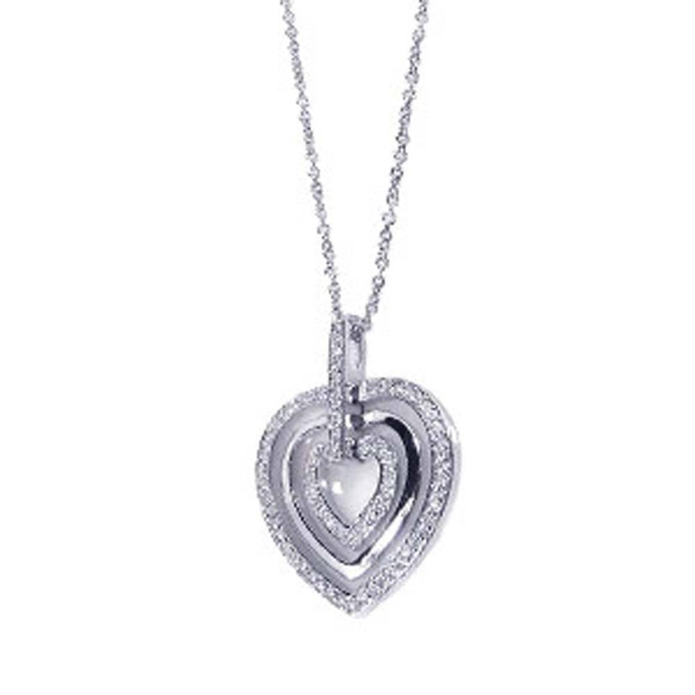 Sterling Silver Necklace with Fancy Three Layered Hearts Inlaid with Clear Czs Pendant