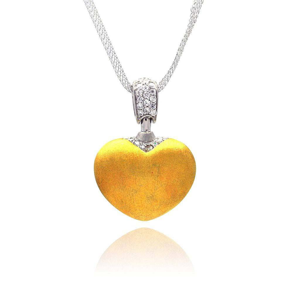 Sterling Silver Mesh Necklace with Classy Gold Plated Matte Finish Heart Inlaid with Clear Czs Pendant