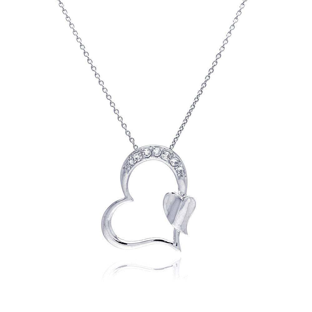 Sterling Silver Necklace with Fancy Open Heart Inlaid with Clear Czs and Small Plain Heart Pendant