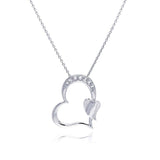 Sterling Silver Necklace with Fancy Open Heart Inlaid with Clear Czs and Small Plain Heart Pendant