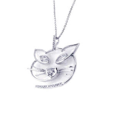 Sterling Silver Necklace with Fancy Cat Face Inlaid with Clear Czs Pendant