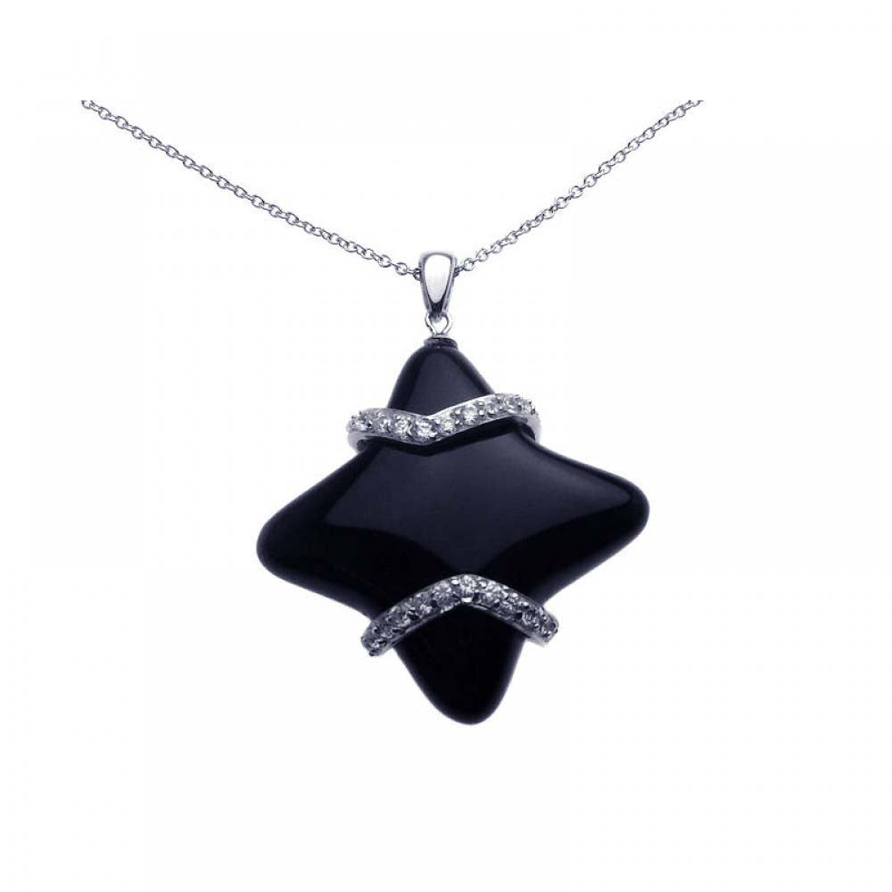 Sterling Silver Necklace with Fancy Star Black Onyx Stone Inlaid with Clear Czs Pendant