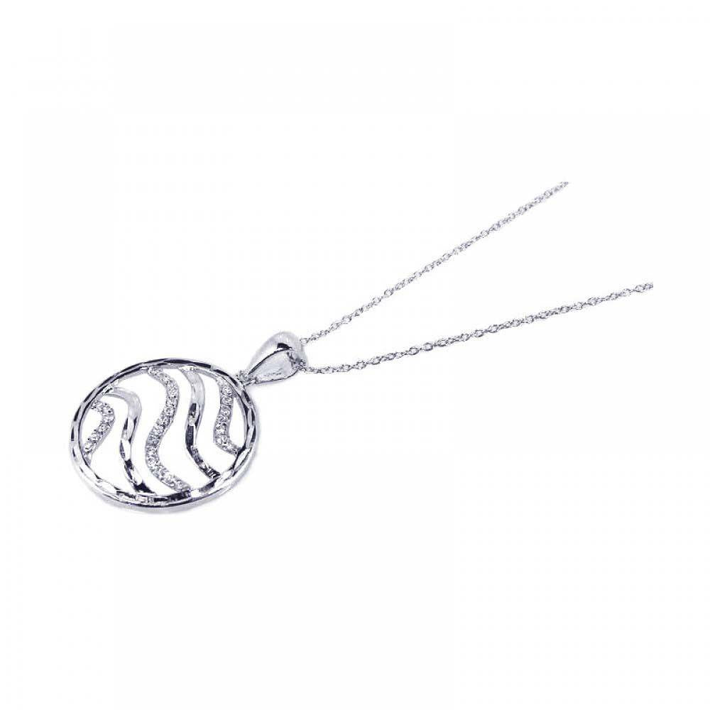 Sterling Silver Necklace with Stylish Circle Wave Pattern Design Inlaid with Clear Czs Pendant