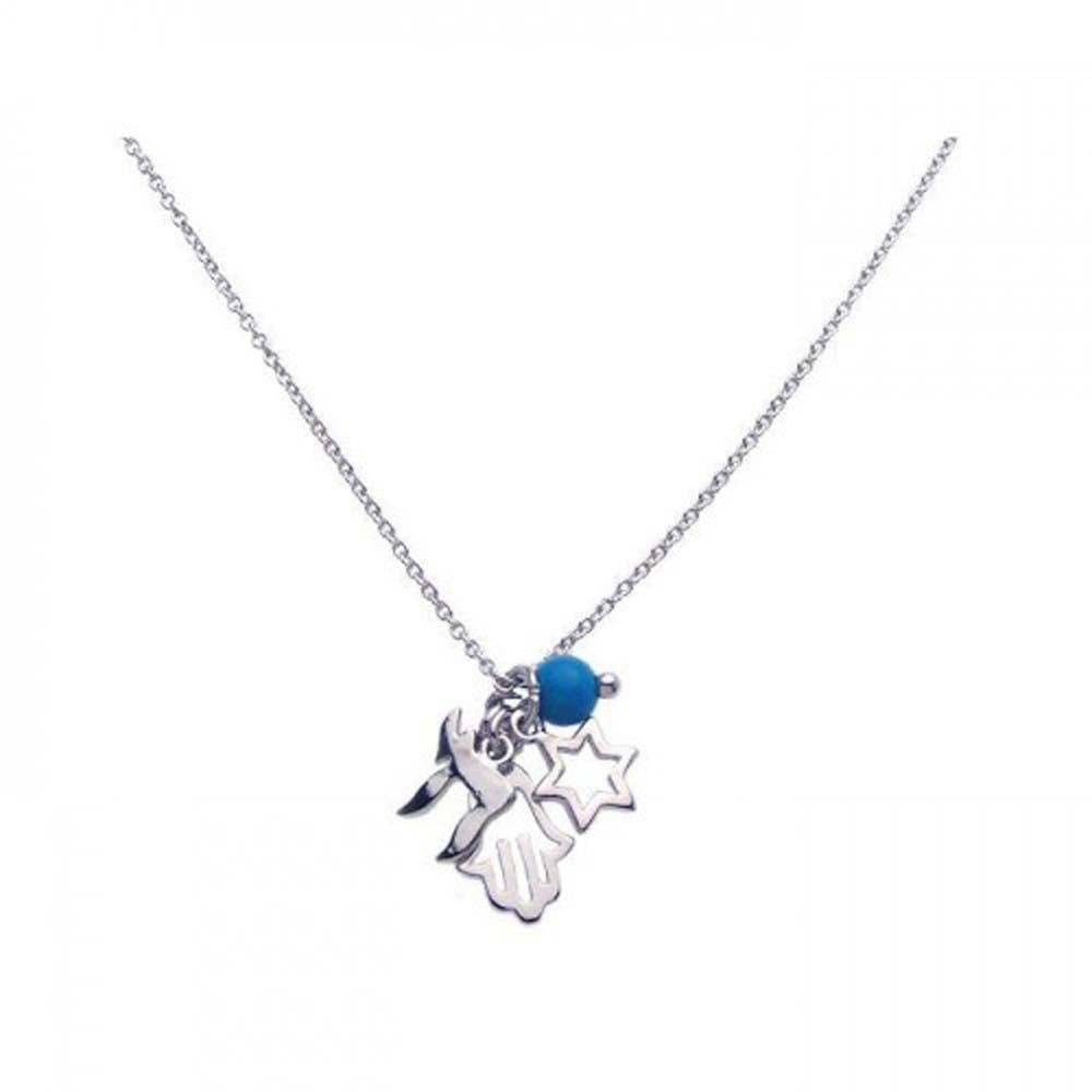 Sterling Silver Rhodium Plated Clear CZ Hamsa Star Blue Bead Pendant Necklace