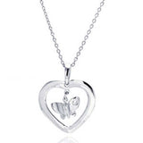 Sterling Silver Necklace with Trendy Heart and Butterfly Pendant Inlaid with Clear Czs