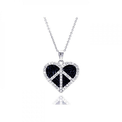 Sterling Silver Necklace with Dark Blue Peace Sign Heart Inlaid with Clear Czs Pendant