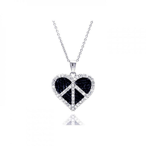 Sterling Silver Necklace with Dark Blue Peace Sign Heart Inlaid with Clear Czs Pendant