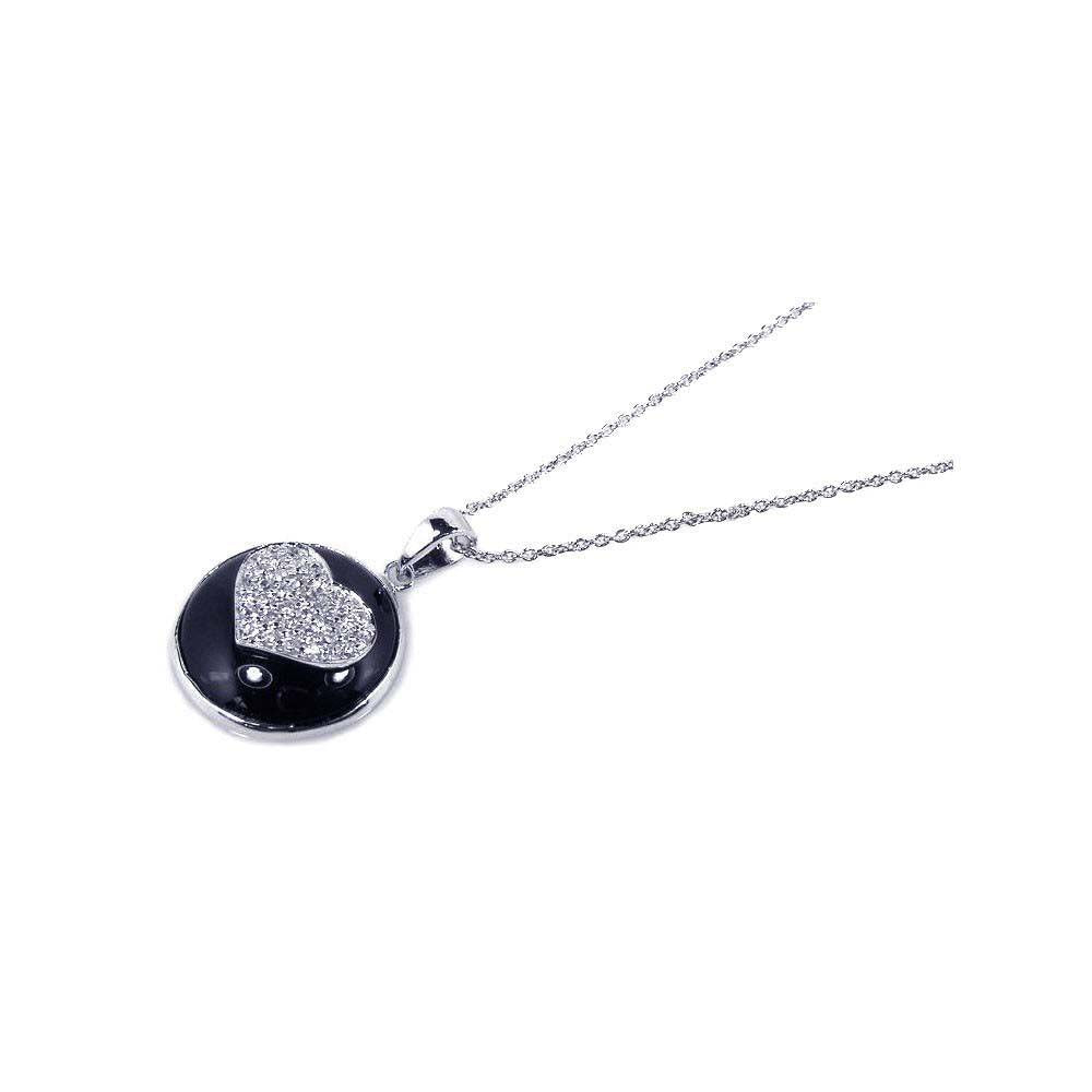 Sterling Silver Necklace with Round Black Onyx Inlaid with Paved Heart Design Pendant