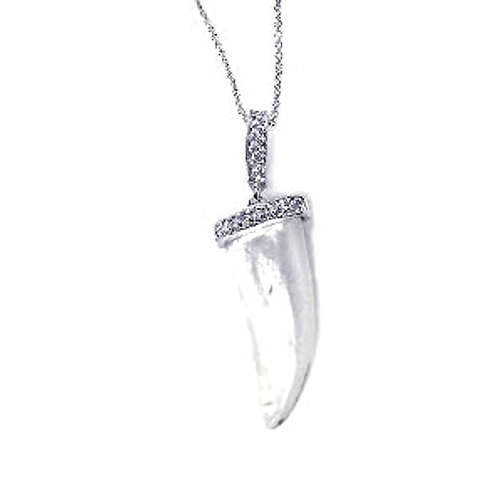 Sterling Silver Necklace with Fancy Brush Finish Wolf Canine Tooth Inlaid with Clear Czs Pendant