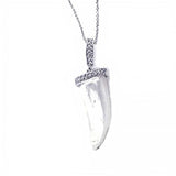 Sterling Silver Necklace with Fancy Brush Finish Wolf Canine Tooth Inlaid with Clear Czs Pendant