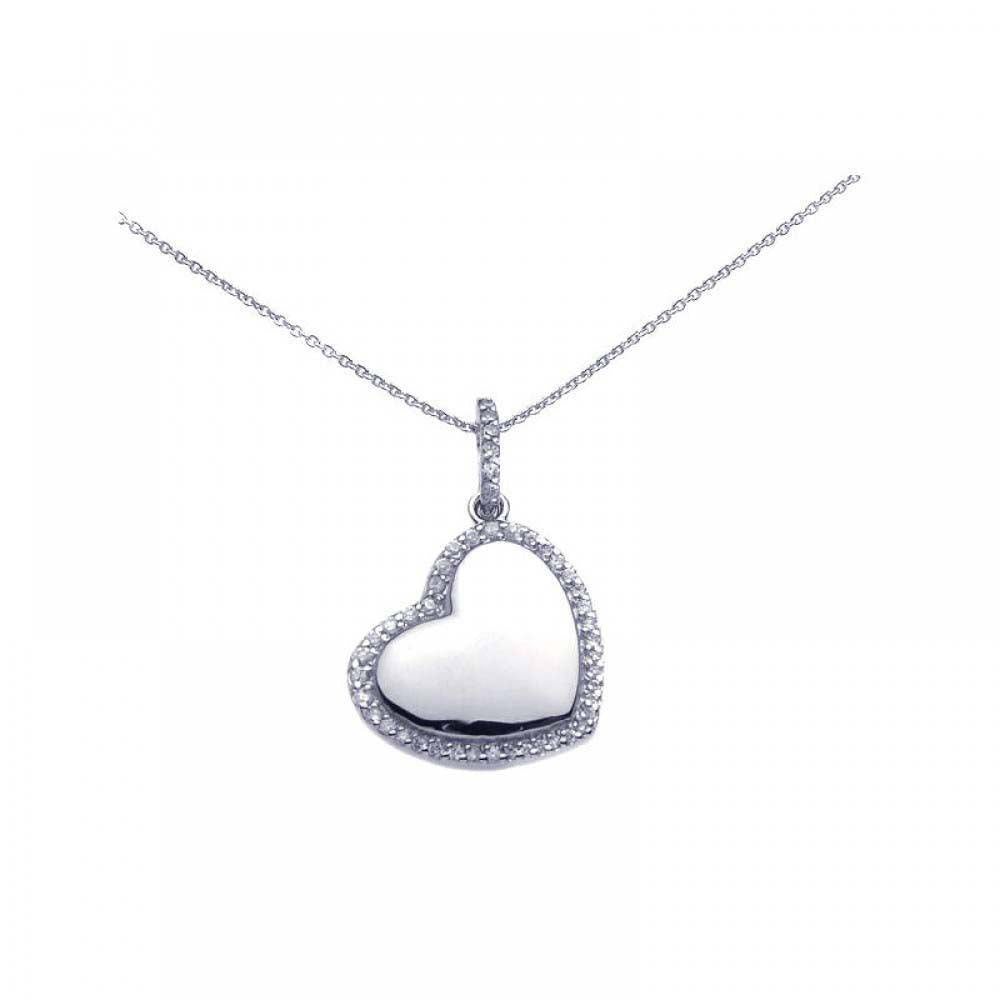 Sterling Silver Necklace with High Polished Heart Inlaid with Clear Czs Pendant